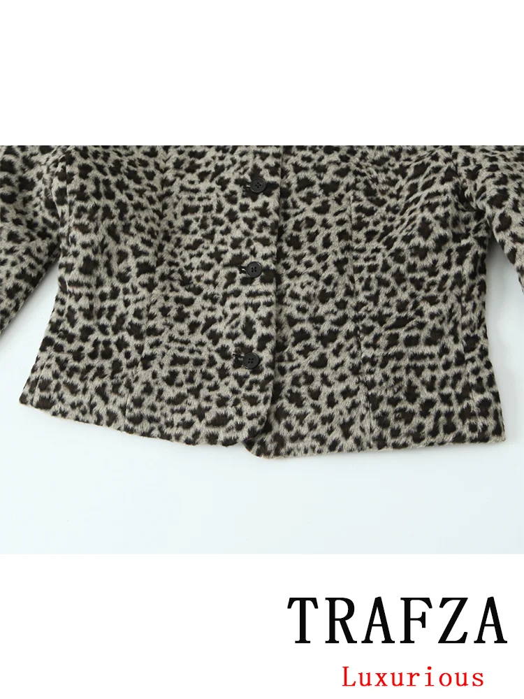 TRAFZA Vintage Casual Chic Leopard Women Suit ONeck Single Breasted Coat Mini Straight Skirt New Fashion 2024 Autumn Winter Suit