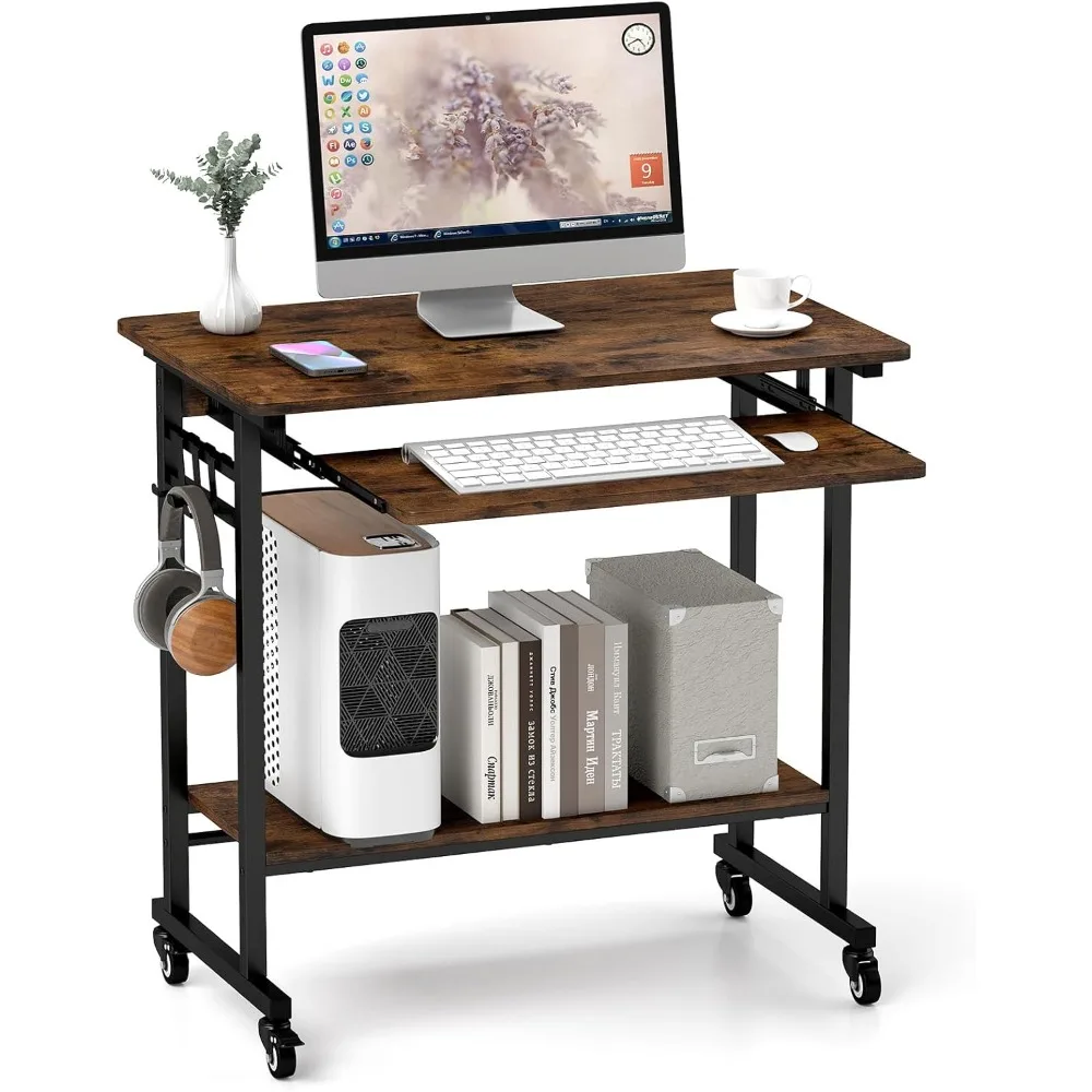 

Rolling Computer Desk Cart with Keyboard Tray, Mobile Portable Laptop PC Desk with CPU Stand & 3 Hooks for Sofa & Bed, Industri