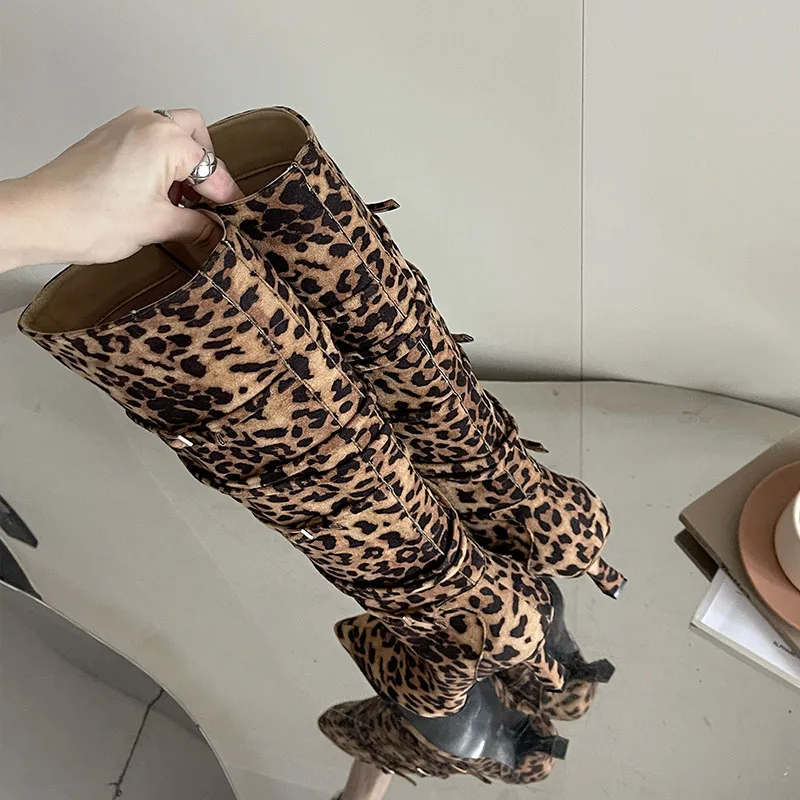 Big Size Fashion Leopard print Footwear Women Knee High Boots Female Designer Pointed Toe Ladies Long Modern Booties Heels Shoes