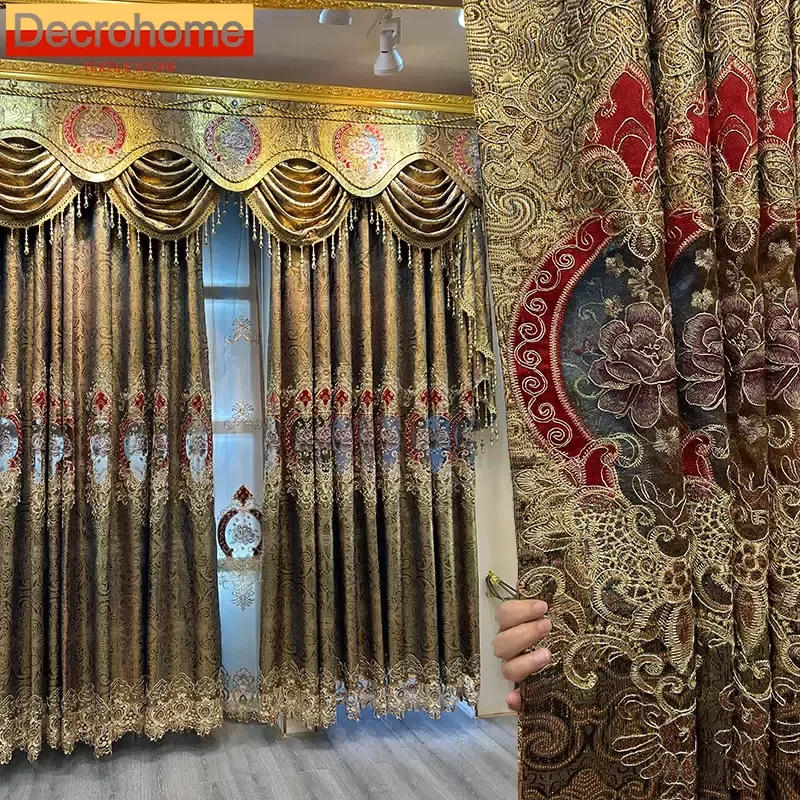 

Customized High-grade Gold Leather Hollowed Out Embroidery Screen Jacquard Curtains for Living Room Bedroom Villa French Window