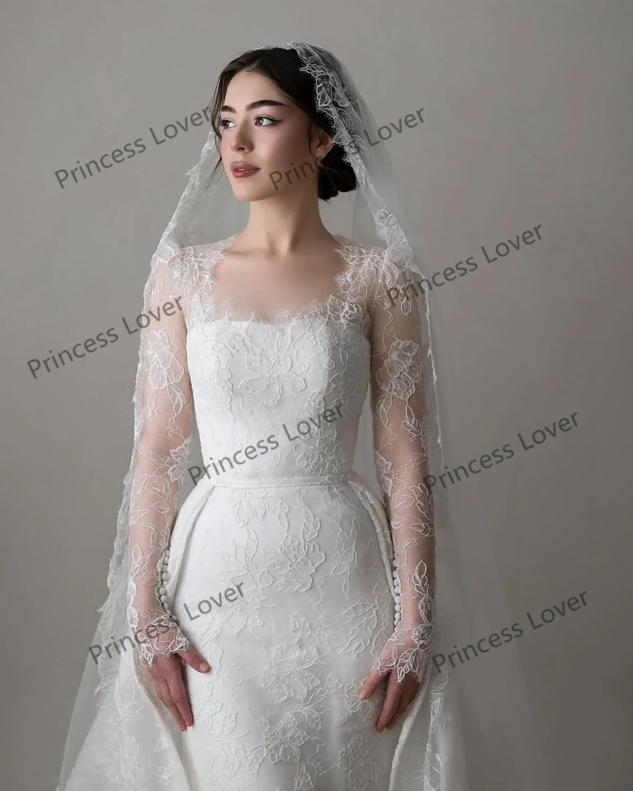 فستان زفاف بأكمام طويلة من الدانتيل مع ذيل قابل للانفصال فساتين حفلات الزفاف العربية فساتين حفلات العروس الرائعة حسب الطلب #2