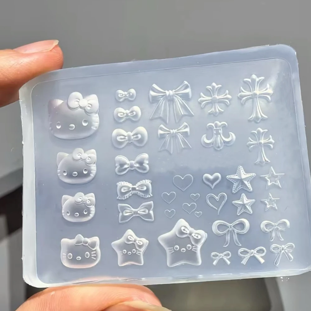 3D Kawaii Cartoon Hello Kitty Nail Carving Mold Sticker Silicone Nail Art Mold Heart Bowknot Cross Nails Stencils Decals for DIY - Image 5