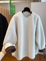Autumn And Winter New Warm Sweater Women Fashion Splicing Design Loose Hoodie Lazy Style Round Neck Sweater Pullover Top