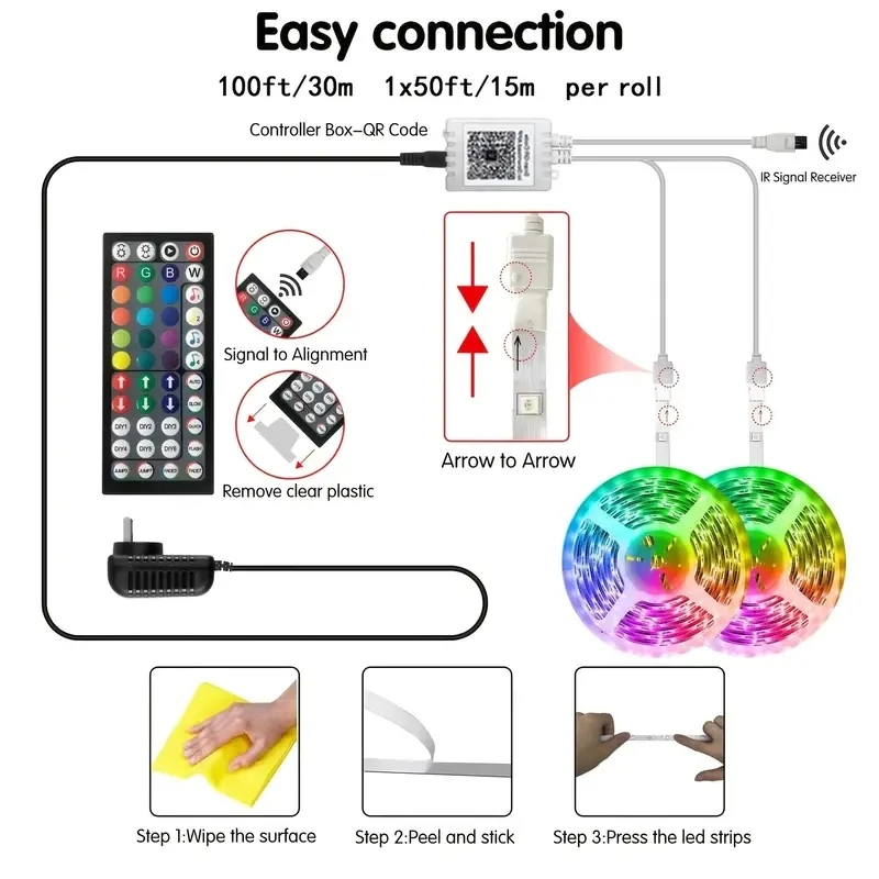 100ft/50ft LED Strip Lights, Smart LED Lights For Bedroom, BT LEDLights APP Control, Dly Multiple Colors On One Line