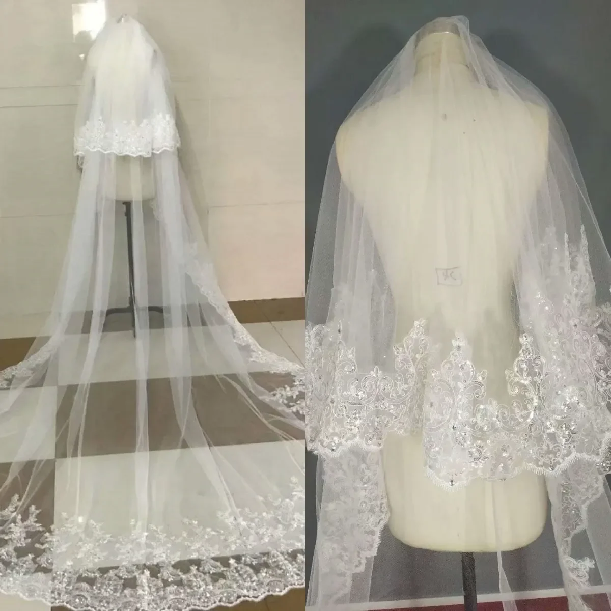 

Wedding Veil Appliques Sequins Two Layer Long Chapel Length Veils Lace Applique Edge Custom Made Bridal Accessories