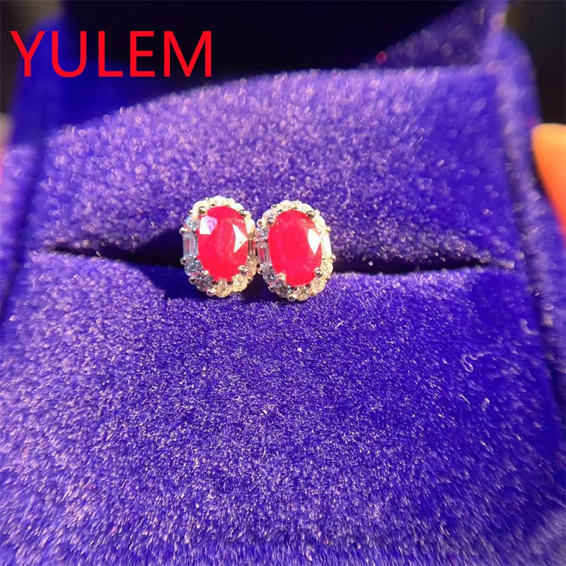 YULEM Silver 925 Plated With Gold Color Earrings For Women Oval 4x6mm Natural Ruby Female Luxury Jewelry For Birthday