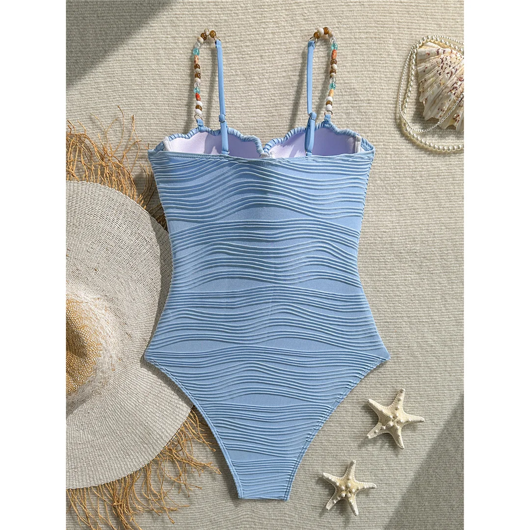 Gefalteter, farbenfroher Badeanzug mit Bügeln und Perlen für Damen, einteiliger Badeanzug, Monokini mit hohem Beinausschnitt, Badebekleidung, Badeanzug, Modell V8301. – Detail 20