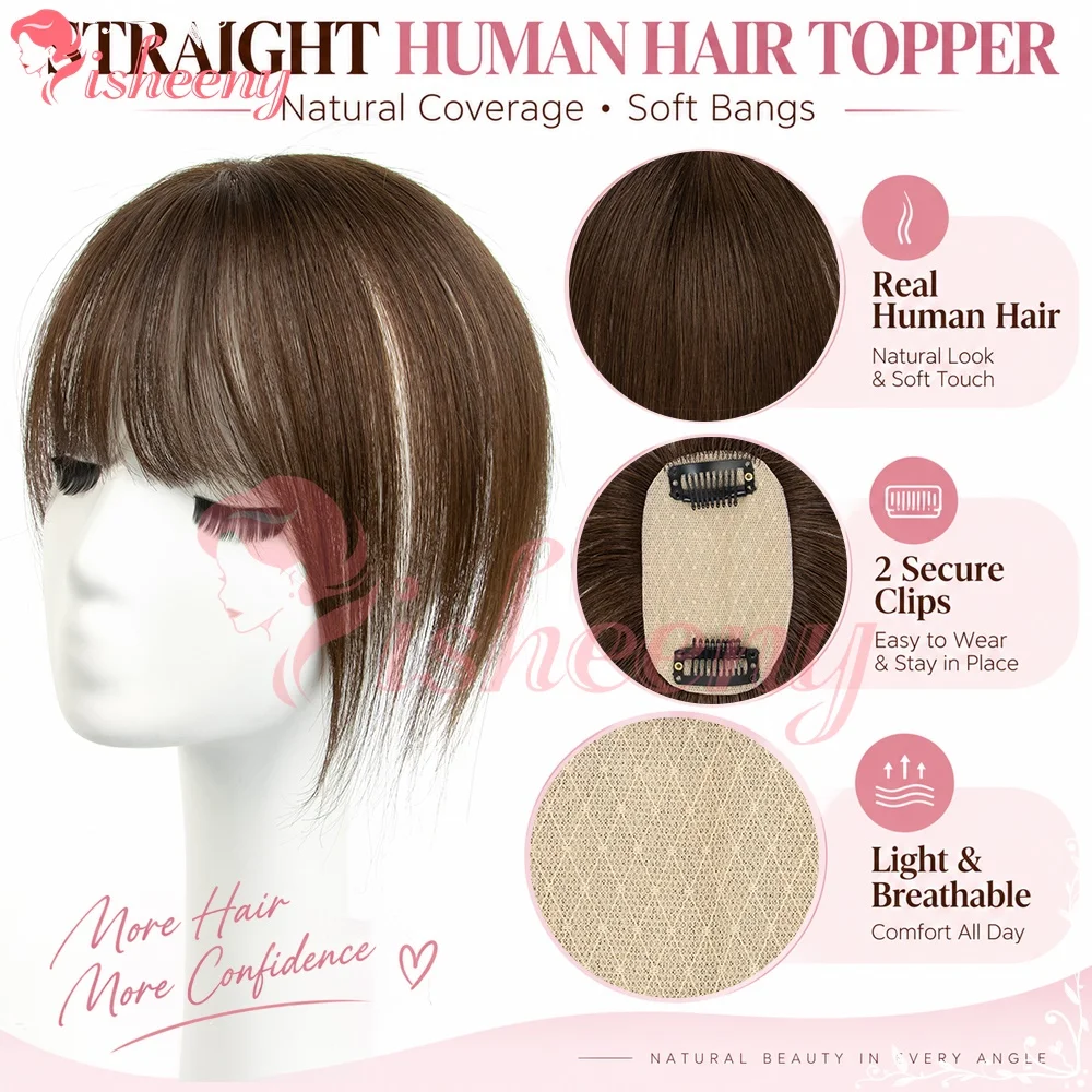 Isheeny 10Inch Human Hair Topper With Bangs 5x9cm Breathable Base Clip In Hairpiece For Women Thin Hair Slight Hair Loss Straight Real Human Hair Top Hair Cover