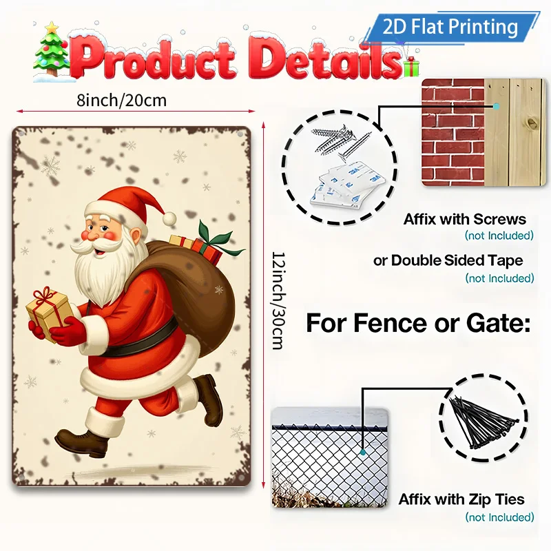 [2D FLAT] 1pc Metal Sign Christmas Santa Claus Metal Sign 2D Flat Print Decor