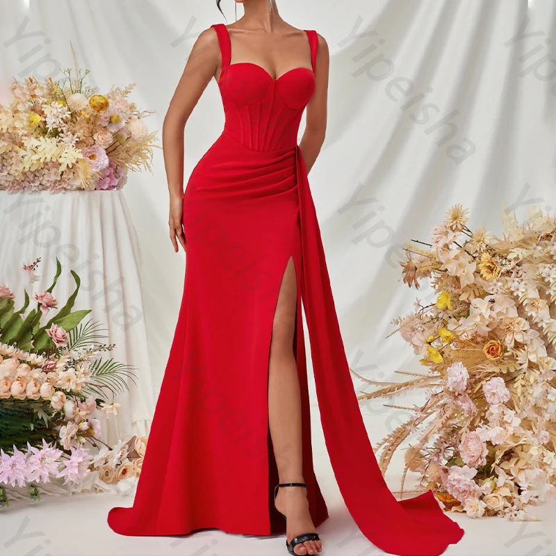 فساتين سهرة حمراء حورية البحر بدون أكمام أنيقة بفتحة جانبية فستان المشاهير رائع عالي الجودة للحفلات الراقصة للنساء حسب الطلب #1