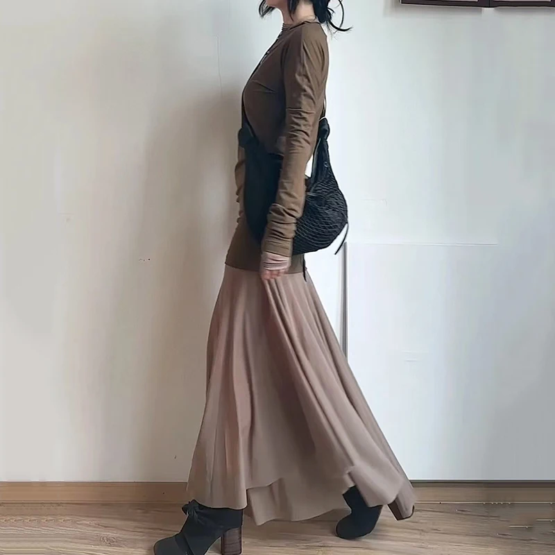 レディース フェイクツーピース オーバーレイ ワンピース プリーツ メッシュ ロングドレス Tシャツ + アシンメトリー ロングスカート 高品質 夏 新作 2025