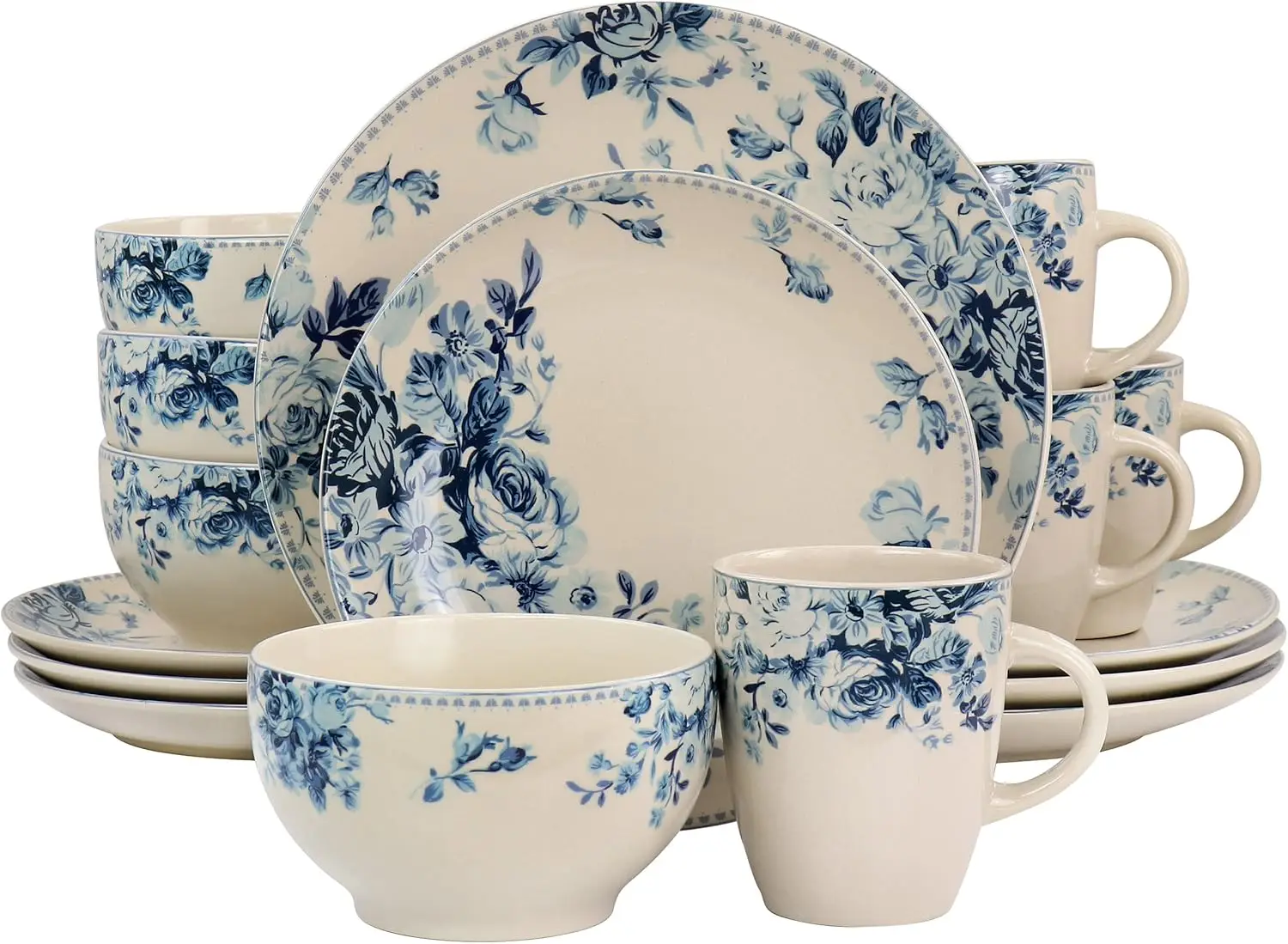 Traditional Dessert Rose 16 Piece Dinnerware Set, Desert with Blue Rose Accents (EL-BLUE-ROSE)