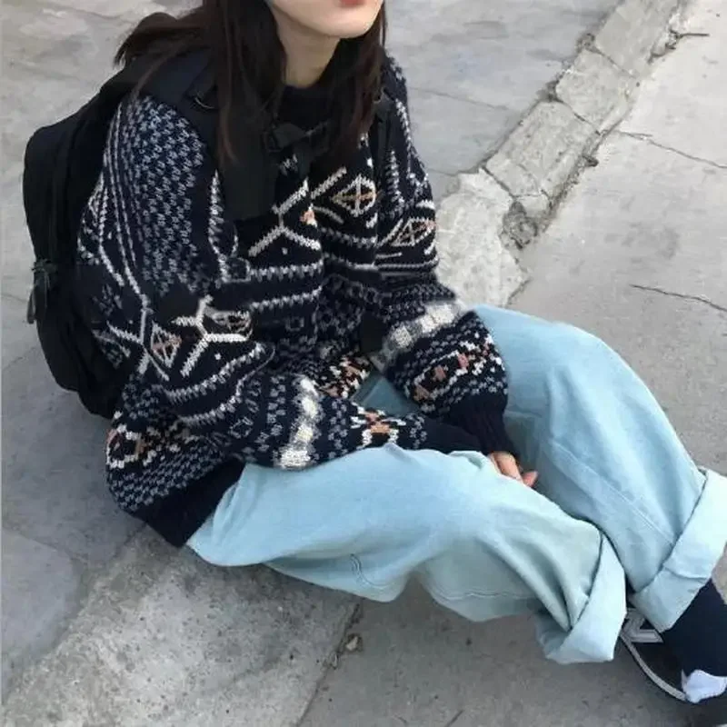 Suéter de punto de Jacquard para mujer, Jersey informal, jerséis Retro, sueltos, combinan con todo, moda de otoño e invierno