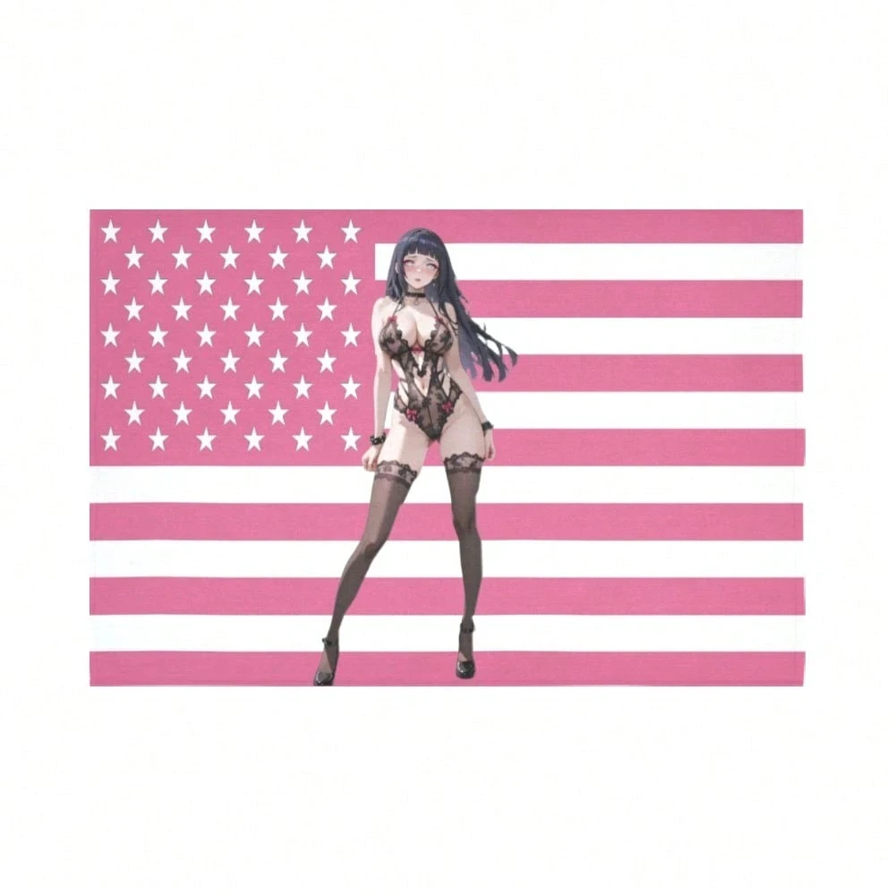 Vibrant Anime Girl Pink American Flag Tapestry Aesthetic Bedroom Dorm Wall Decor Soft Polyester Durable Indoor Outdoor