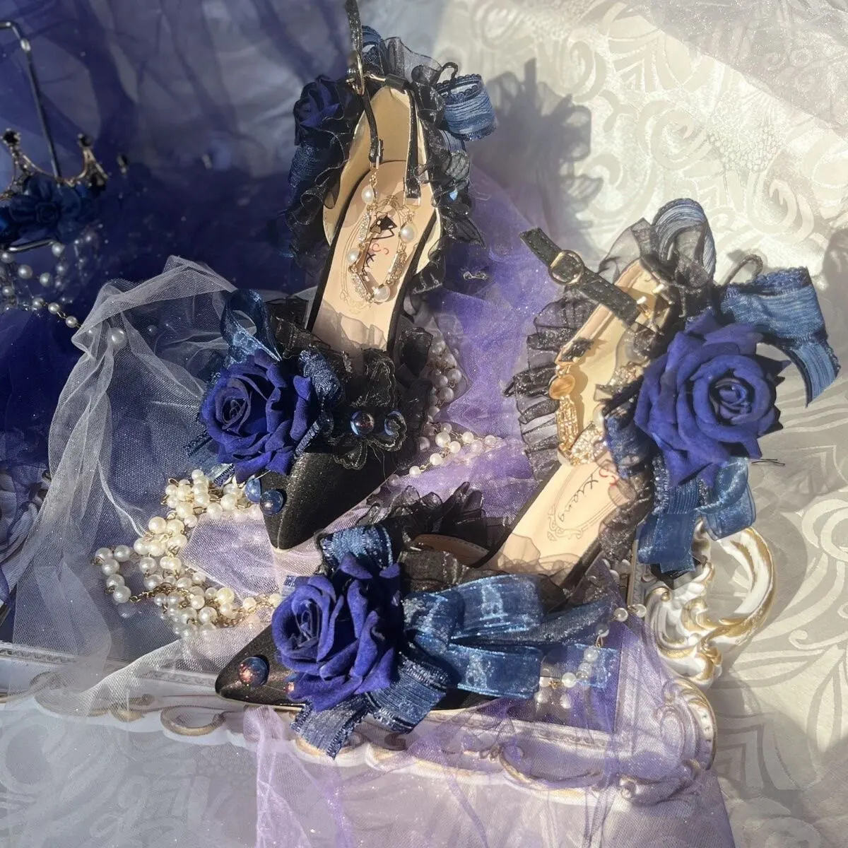 Women's Gothic Lolita High Heels Pointed Toe Ruffle Lace Up Boots Dark Blue Purple Harajuku Cosplay Shoes