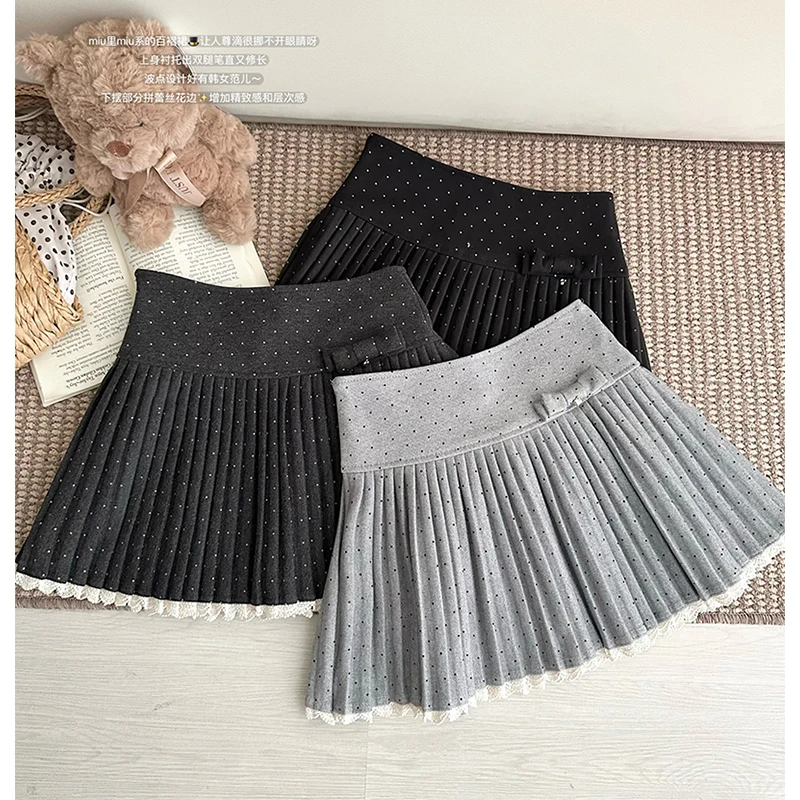 

MEXZT Kawaii Мини-юбка в горошек Женская мода Cutecore Bow Черные плиссированные юбки Зима Harajuku Корейский дизайн A Line Faldas