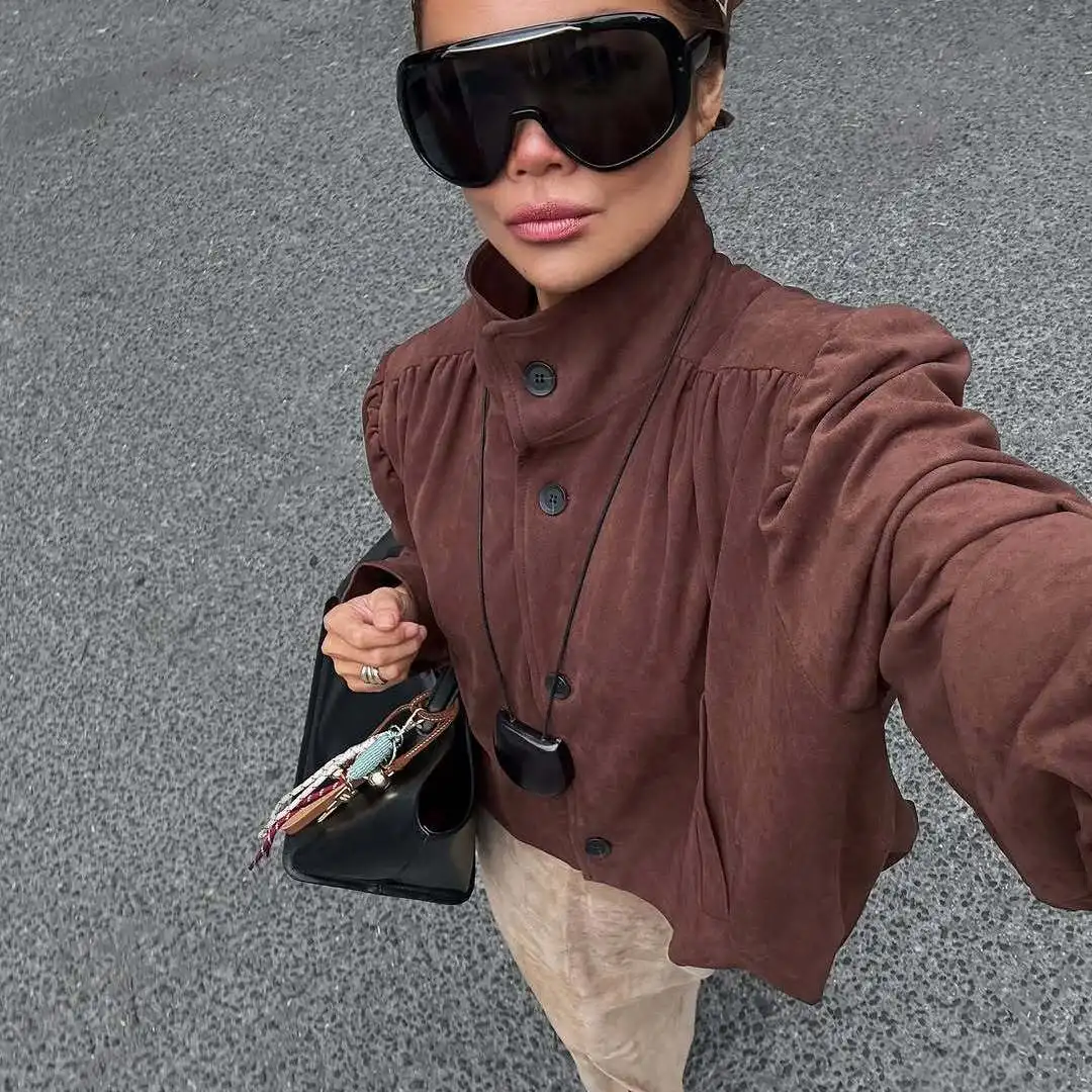 

Faionable ort Suede Coat Women's Autumn New Sle 2025 Wind Street Sle Long Sve Button Closure Warm Ladies Jaet