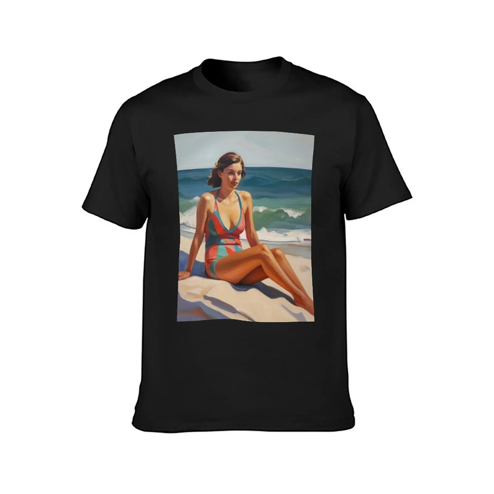 Painting of a woman on the beach wearing a colorful swimsuit T-Shirt customs anime Men's t-shirt