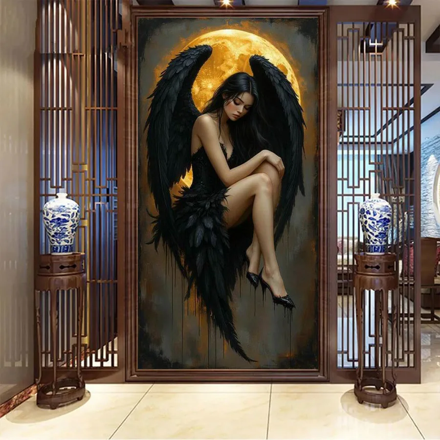 

Black Wings Woman Picture Large Size Diy Diamond Painting Moon Fairy Full Square Round Drill Mosaic Embroidery Kits Wall Decor