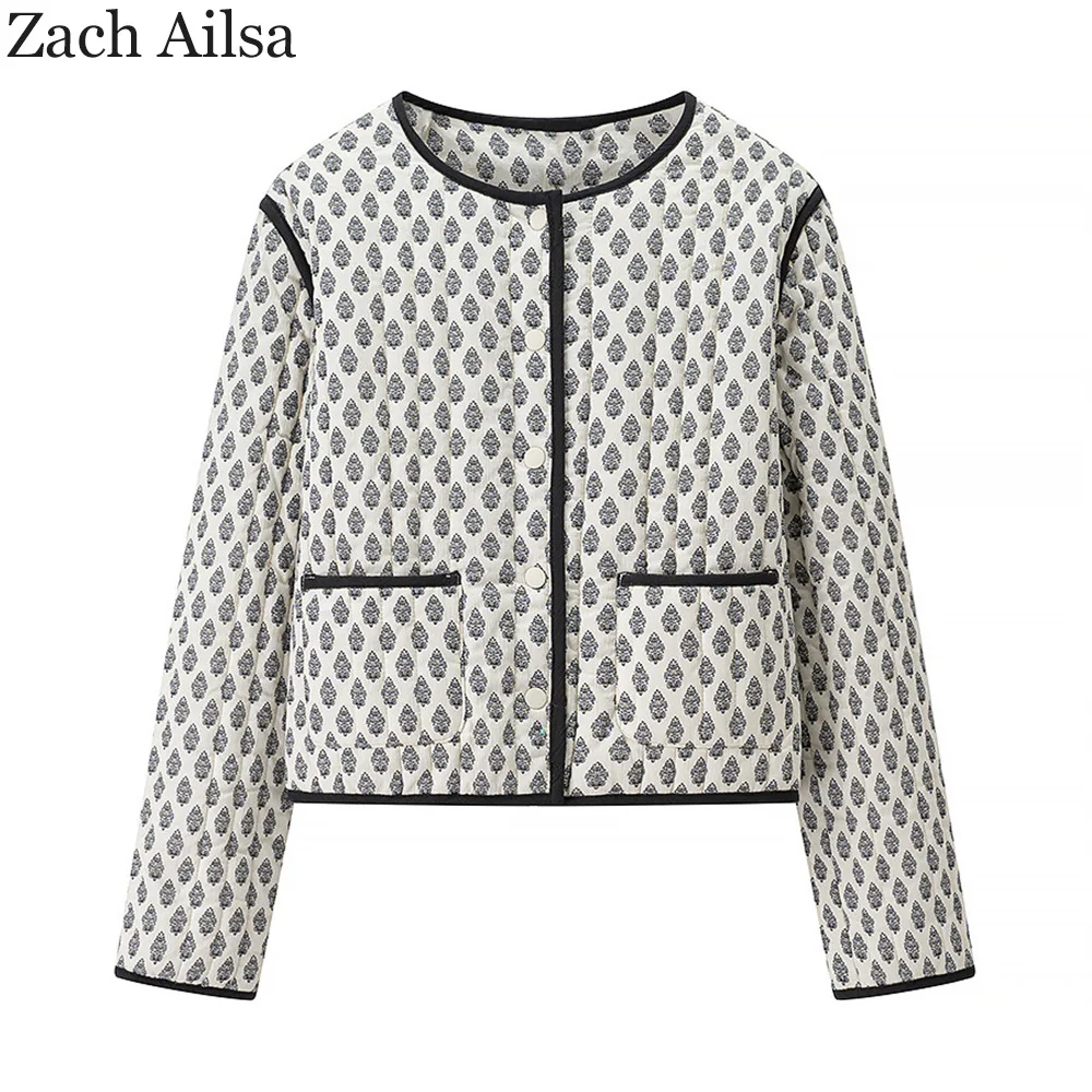 

Хлопковая однобортная стеганая куртка без воротника с круглым вырезом и микро-капельными плечами