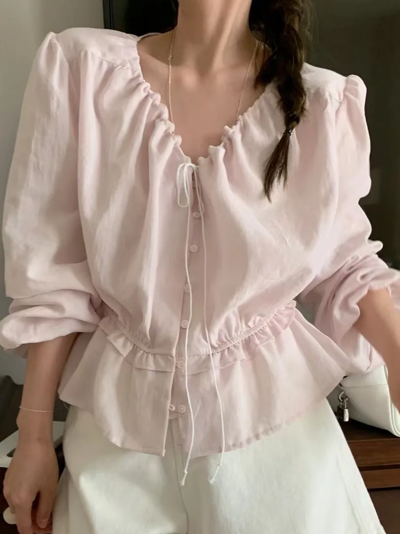 

Elegant V-Neck Waist-Cinching Shirt Women's Fashion Item Chic Top Korean Style Bubble Sleeve Polyester Fiber Thin Long Sleeve