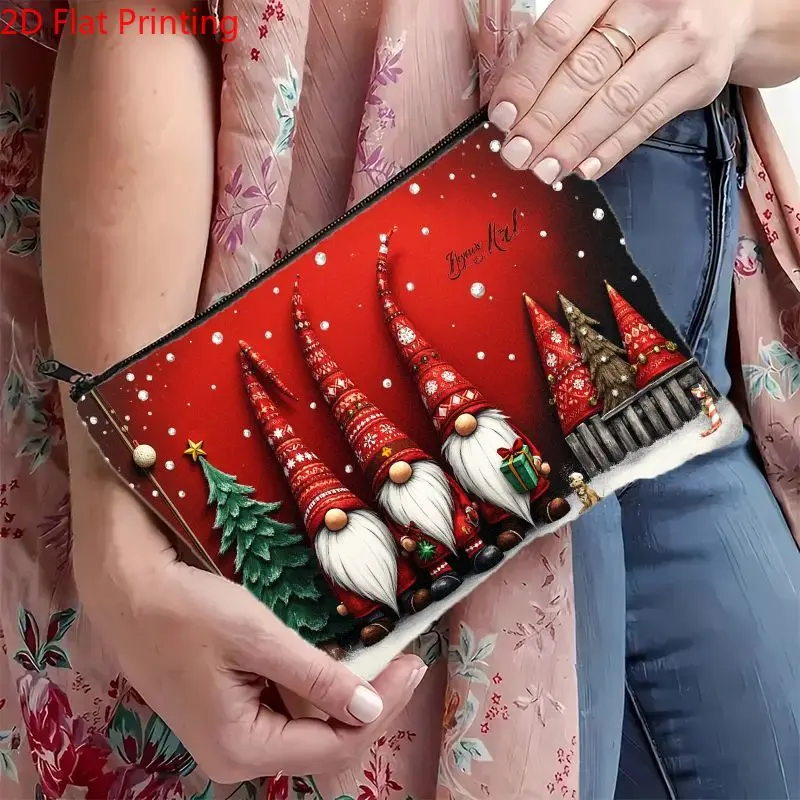 Makeup Bag Festive Holiday Cosmetic Pouch in The Shape of A Christmas Gnome Red Winter Scene for Travel Zippered Storage Pouch
