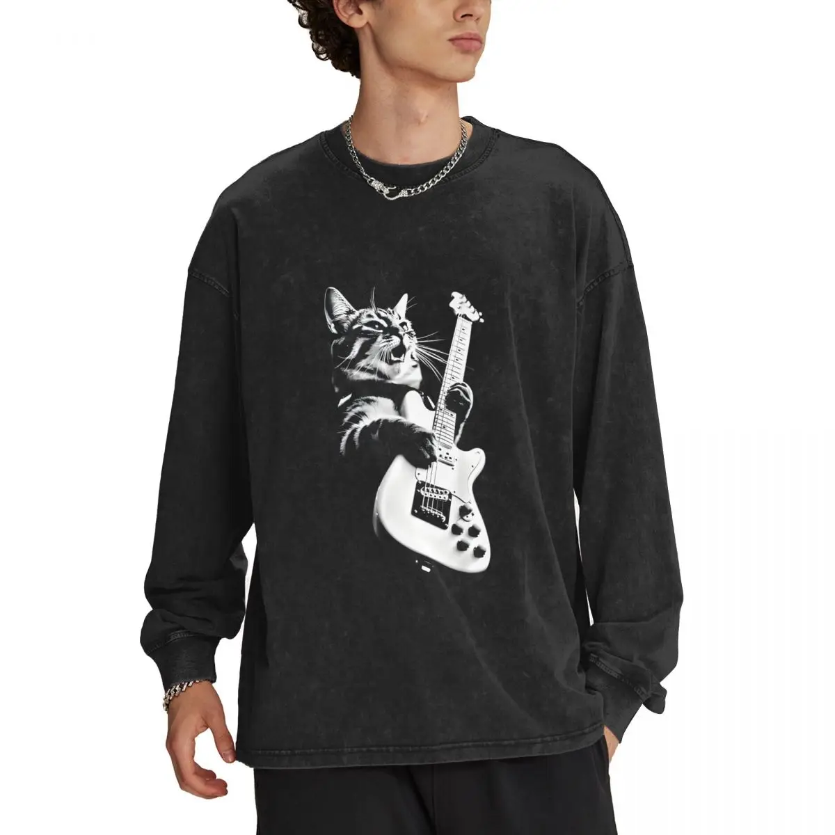 

Guitar Cat Men's Crew Neck Long-Sleeved T-Shirt Retro Washed Cotton Long Sleeve T Shirts Personal Top Clothing for Man Black