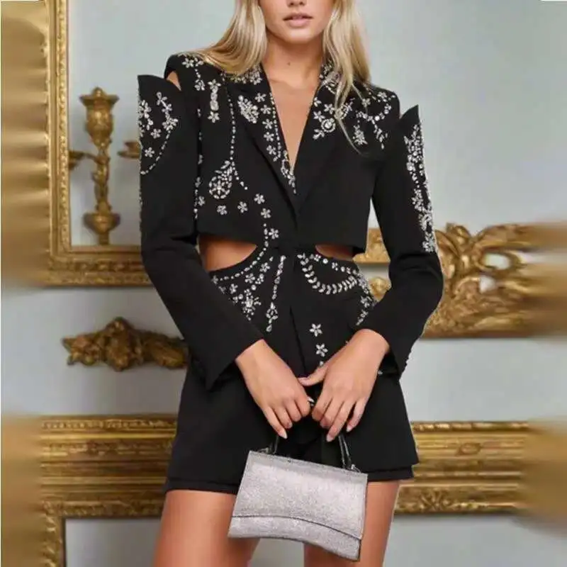 HKSH Sexy Stijlvolle Jassen 2025, Lente Herfst Nieuwe Vrouwen Diamanten Nagel Kraal Zware Taille Blootgesteld Hoge Gevoel Lange Mouw Blazer HK3760