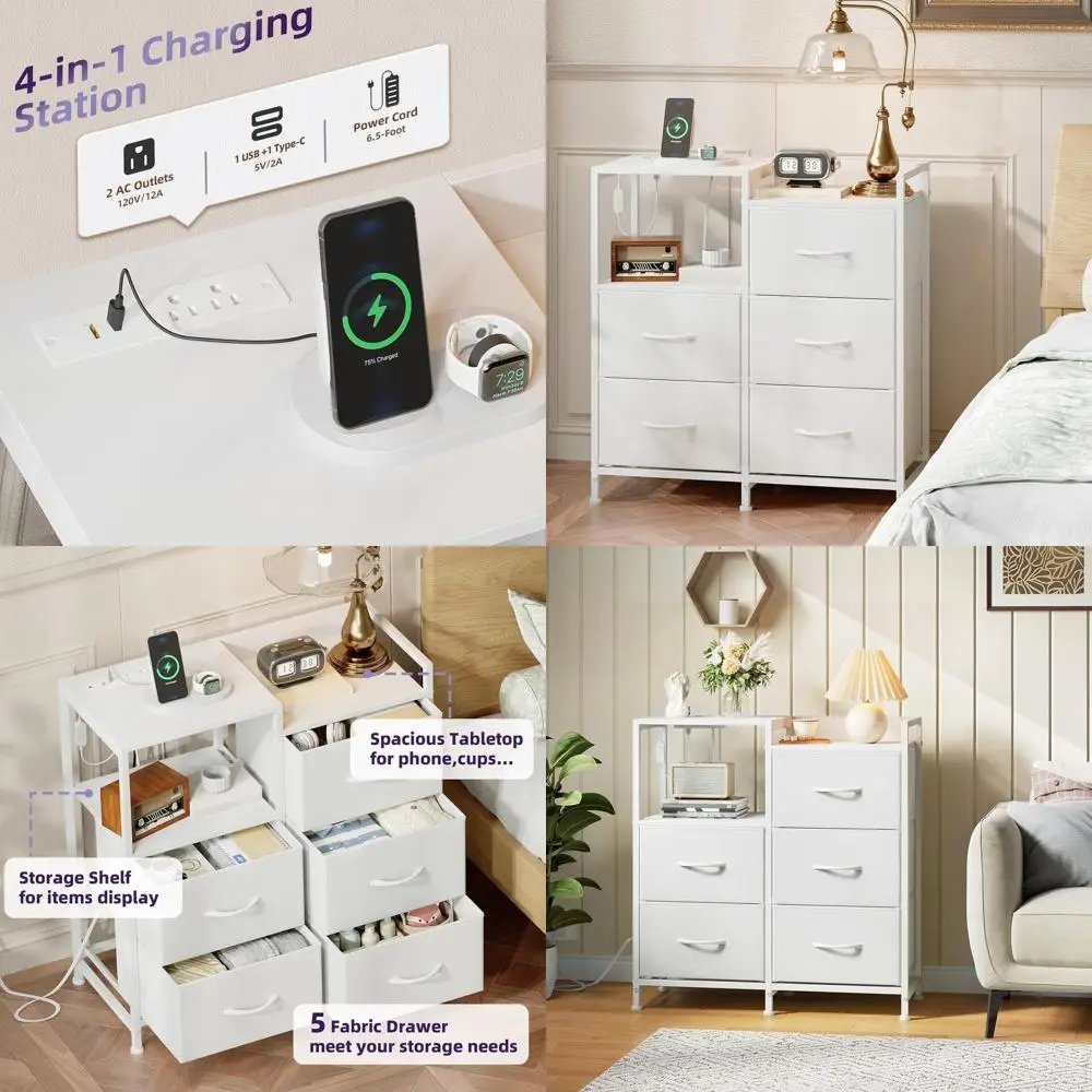 

LED-lit Charging Station Nightstand in White for Bedrooms, with Fabric Bins and Open Shelves for Kids or Dorms