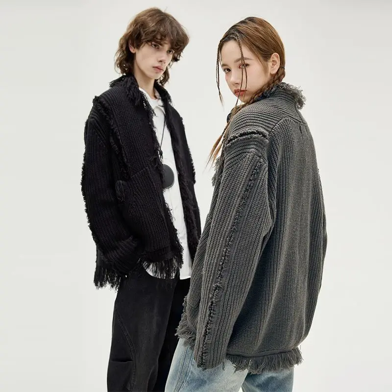 China-Chic Vintage Tassel Coarse Sweater Coat Men's and Women's Autumn and Winter New Loose Couple Knitted Cardigan