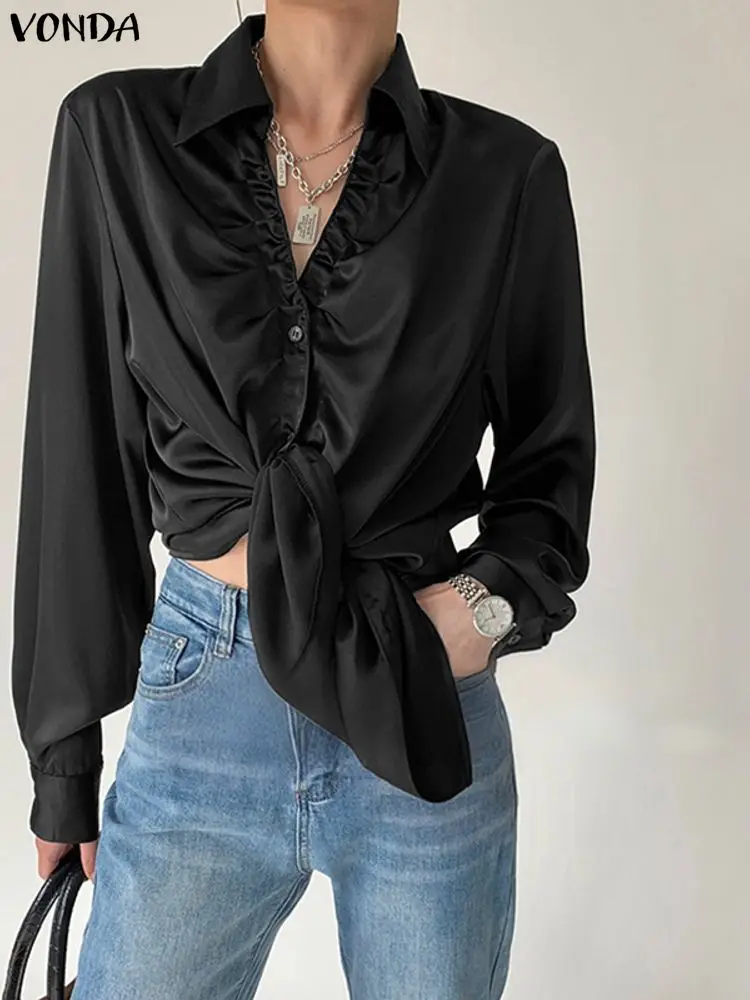 

VONDA элегантная рубашка 2025 женская атласная рубашка с длинным рукавом осень сексуальная плиссированная офисная женская модная блузка с v-образным вырезом Blusas однотонные топы Femme