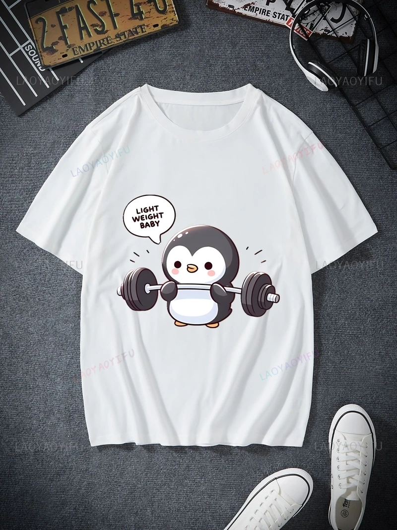 Fun Penguin Weightlifting Show Graphic Printed Shirts, Unisex Everyday Street Wear, Spring/summer Fashion Casual Cotton T-shirts