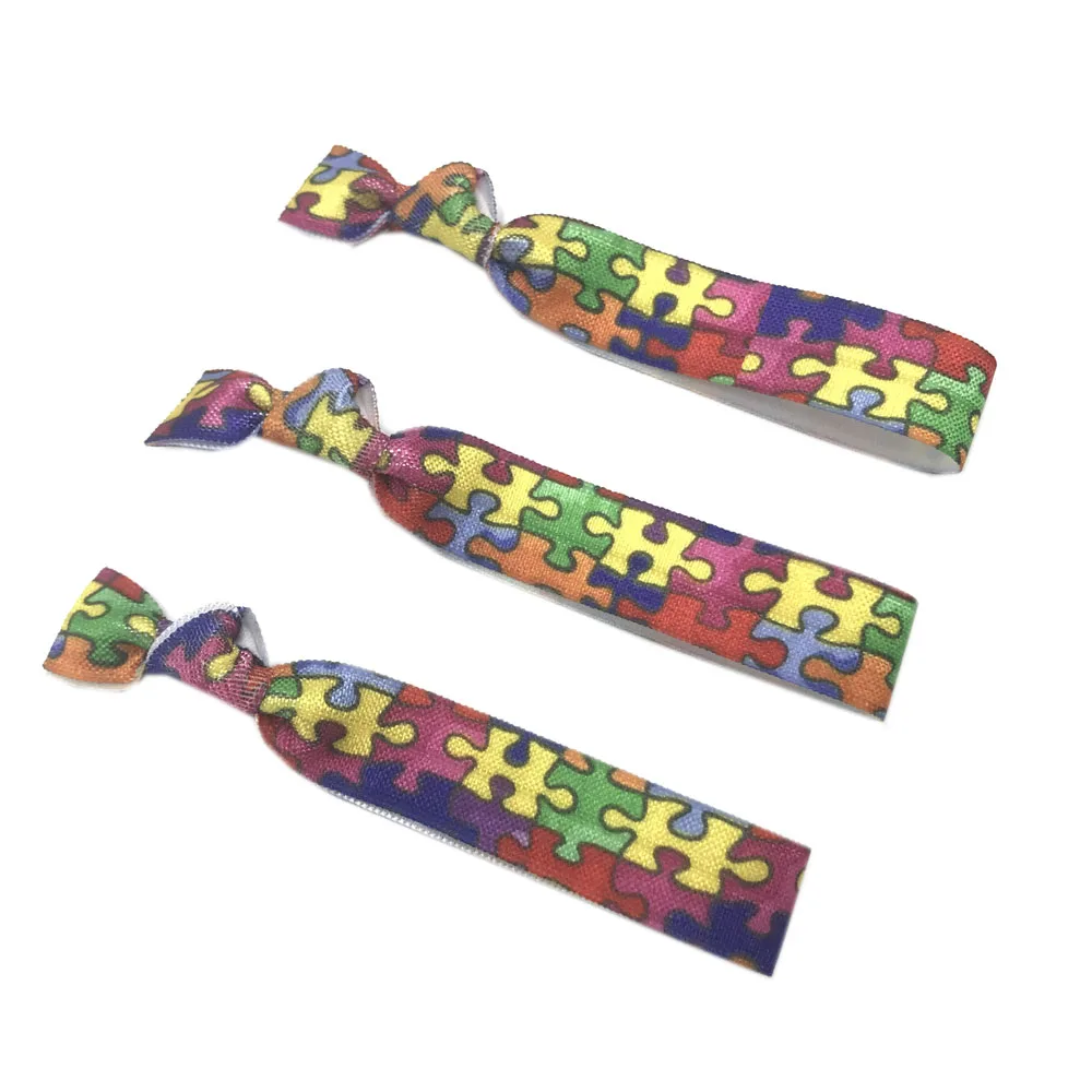 30pcs/Lot 15mm Autism Puzzle Pieces And Breast Cancer Print Fold Over Elastic Band Hair Tie FOE Ribbon Bracelet Ponytail Holder