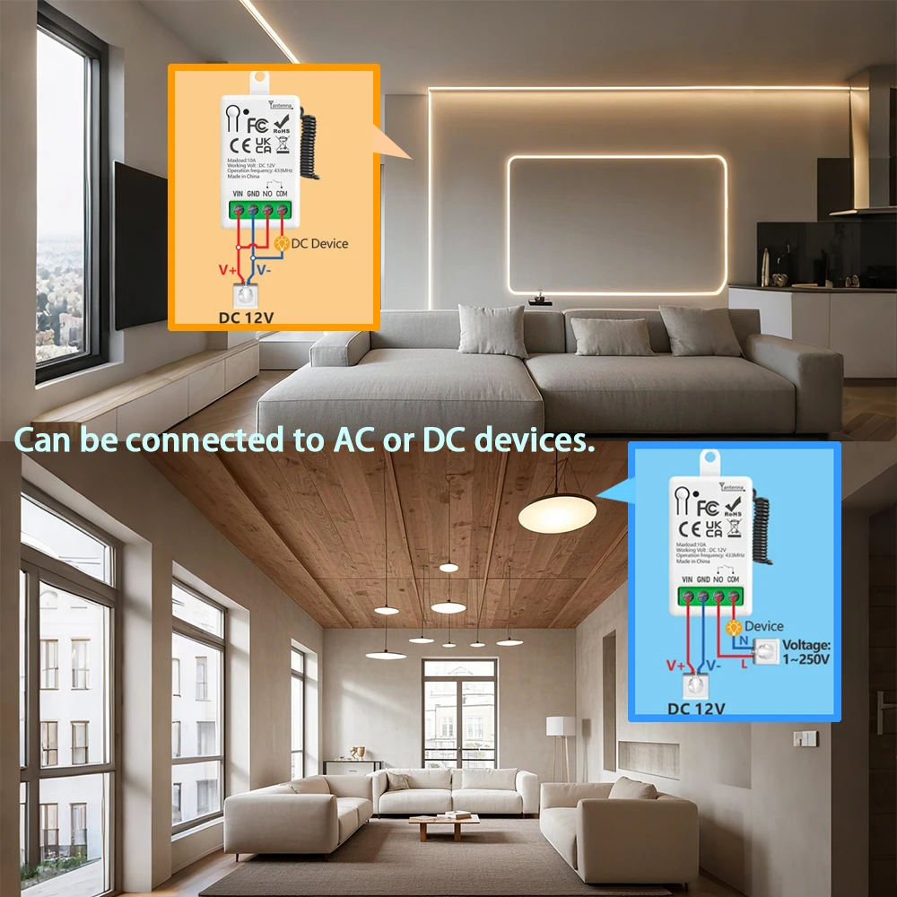 433MHz universal wireless remote control switch DC 12V 1CH 10A mini receiver light LED light garage door electromagnetic lock