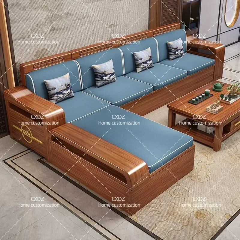 Walnut Solid Wood Sofa Set Chinese Style Corner Living Room Furniture with Storage All Wood Couch for Winter and Summer Use