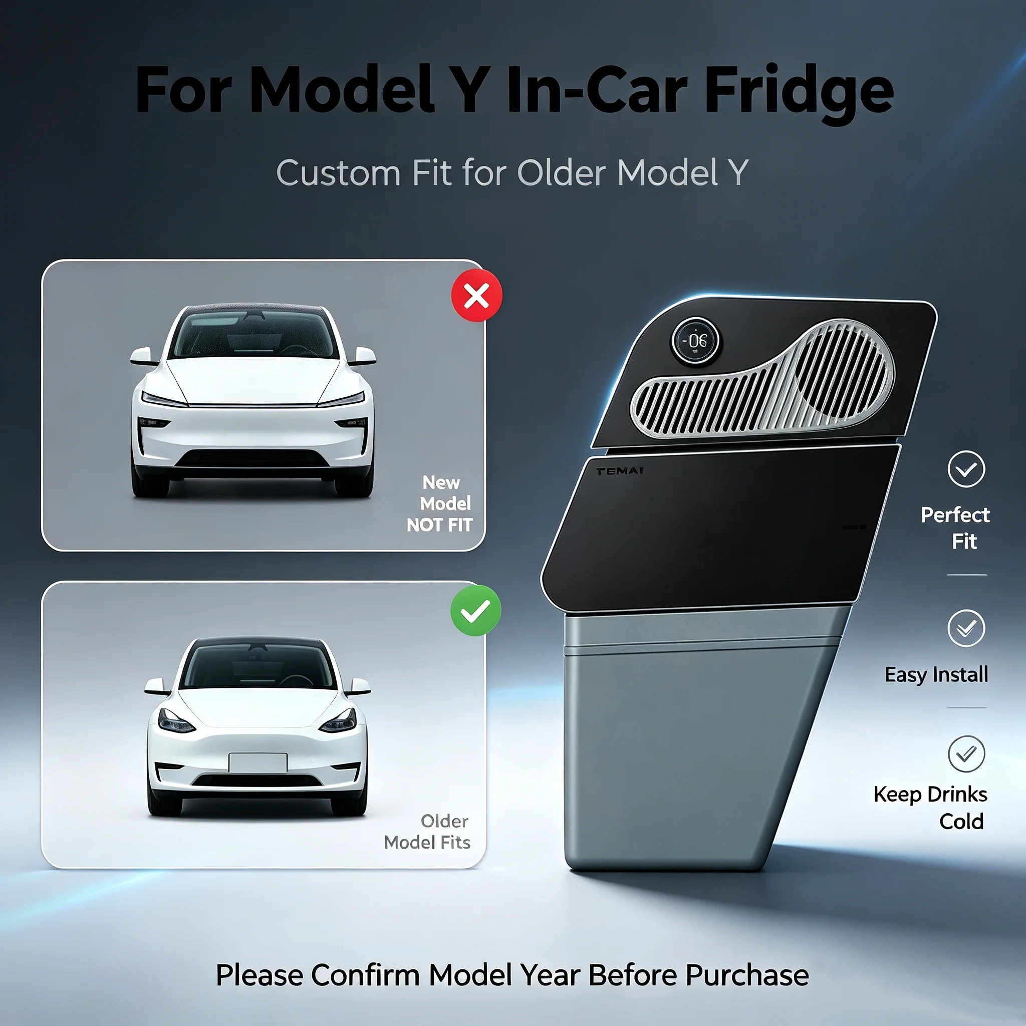 Image of TEMAI Kühlschrank mit Kompressor für Tesla Model Y 2021-2024 15L-16L 12V – Touch- oder Drehknopf-/App-Steuerung, 5-Sitzer, nicht für Juniper