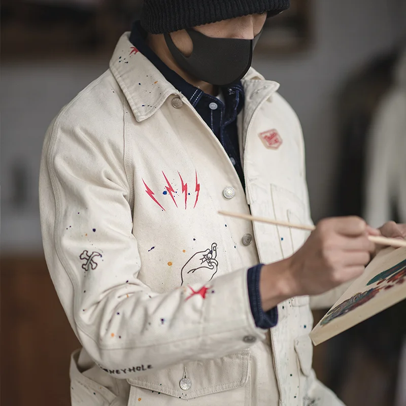 Jackets Grafiti For Men Print White Denim Pocket Jacket Vintage Casual Coat Cotton Solid Slim Jackets Tops