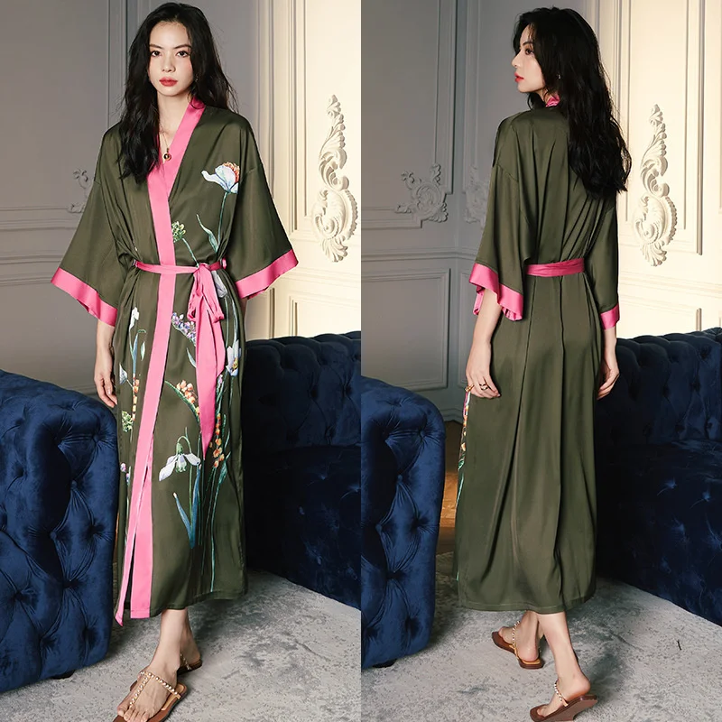 Black Print Flower Long Robe Nightgown Spring Summer Half Sleeve Kimono Bathrobe Gown Women Ice Silk Rayon Home Dress