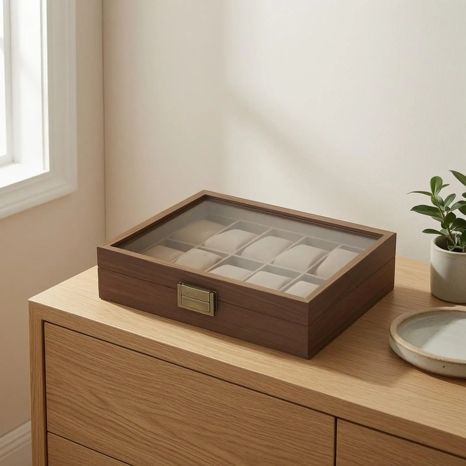Rectangular Wood Horology Box with Transparent Top for Watch Collection Display Rack Storage