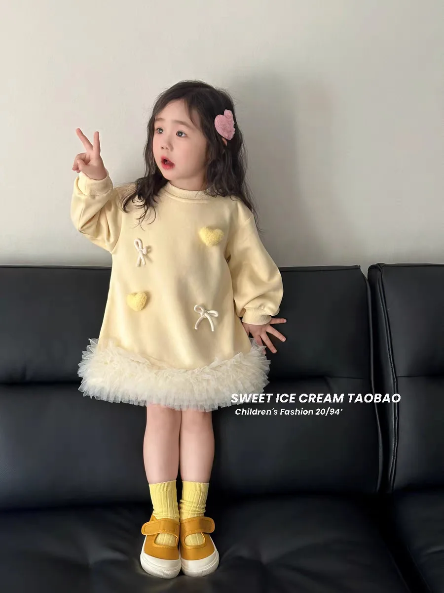 Girls Summer Long Sleeve Puffy Dress New Kids Lace T-shirt Skirt Fashion Baby Princess Dress Fashion Casual