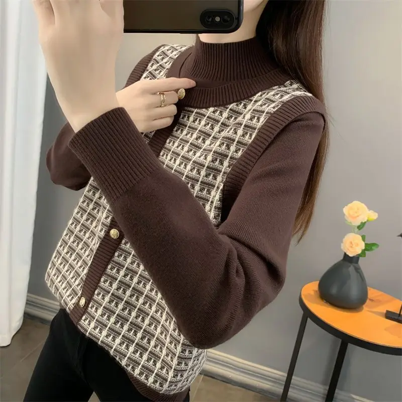 Women Autumn Winter Casual Korean patchwork jacquard Loose sweater Long sleeve women clothes office Lady Button Fake two items