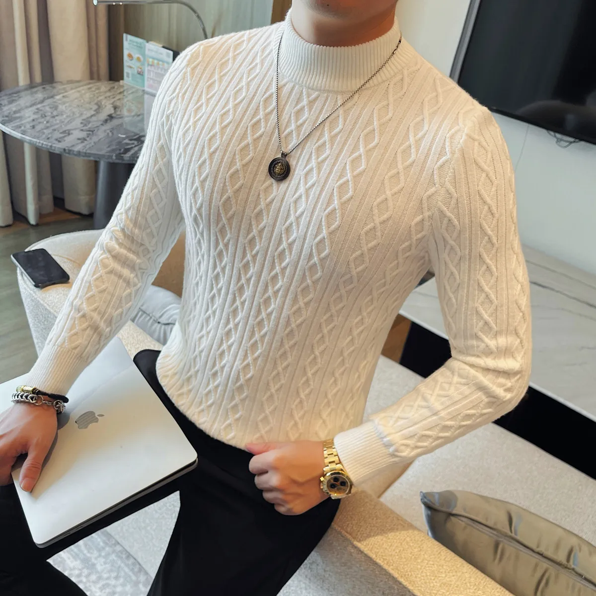 

Pull Homme Autumn Winter New Long Sleeve Men Sweaters Fashion Elastic Slim Fit Breathable Knitwear Sweater Man Clothing Black