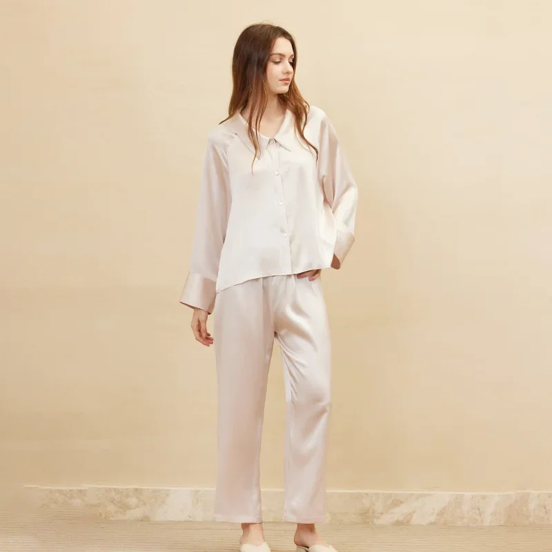 Spring Autumn 100% Mulberry Silk Pajama Set Luxury Silk Pajamas Suit for Women Long Sleeved Pants Two Piece Casual Home Wear Set