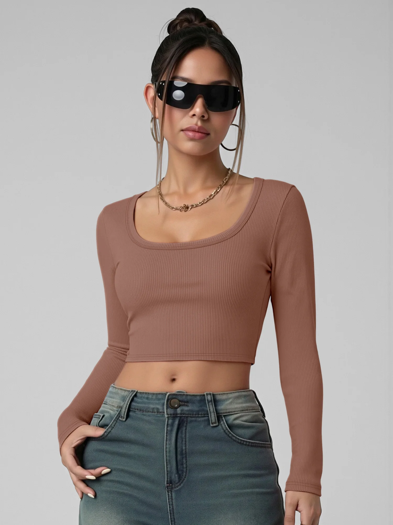Transition Season Square Neck Crop Top, Elastic Long Sleeve Blouse for Spring & Autumn Outfits