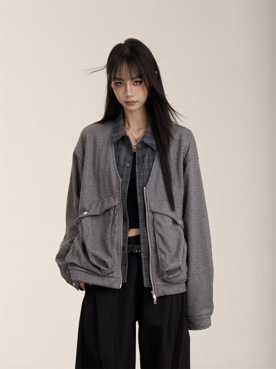 

American Retro Design Plaid Patchwork Collar Jacket Women Loose Neutral Style Zipper Coat Fake Two-Piece Short Outerwear