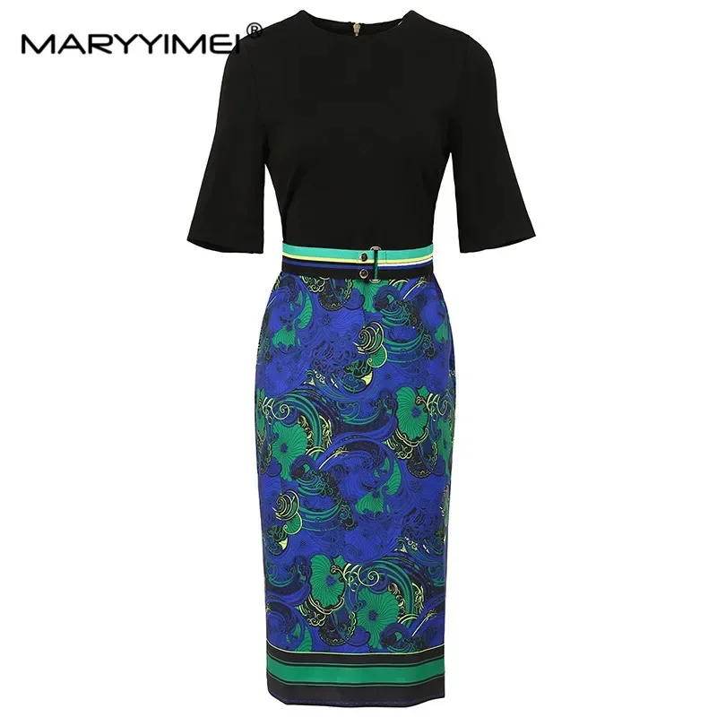 

MARYYIMEI Designer Fashion Summer Office Lady Midi Dress Women's Elegant Short Sleeve Flower Print Package Buttocks Slim Dresses