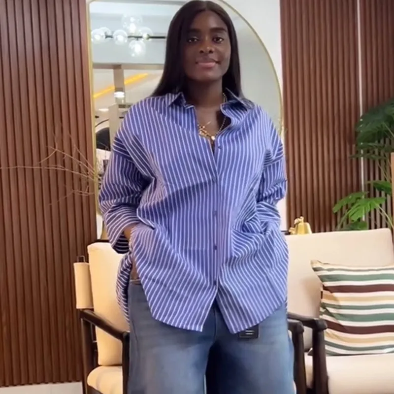 2025 Autumn Hot Style Stylish Blue Striped Shirt Casual Lapel Long Sleeve Loose Top Temperament All-match Commuting Clothing