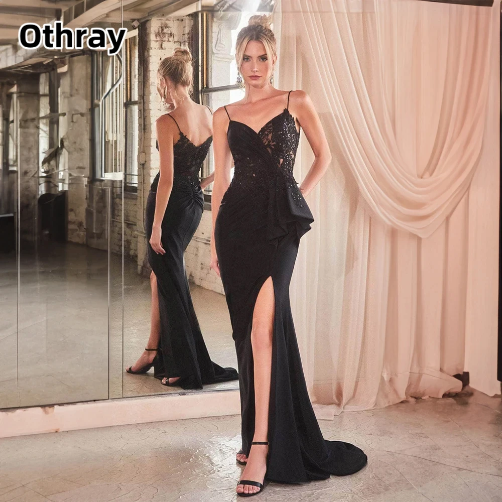 

Othray V-neck Lace Pleated Spaghetti Straps Prom Dress for Women Mermaid Side High Split Court Party Evening Gown robe de mariée