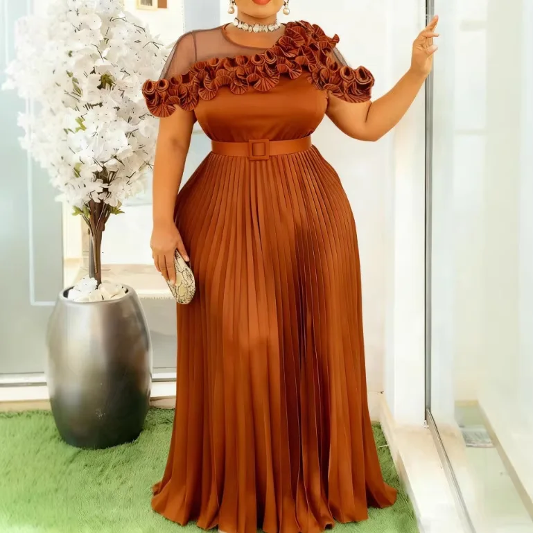 African Party Dresses Plus Size Women's Mesh Patchwork Ruffle Dress Waist-cinching Pleated Long High-end Feel Banquet Gown 2026