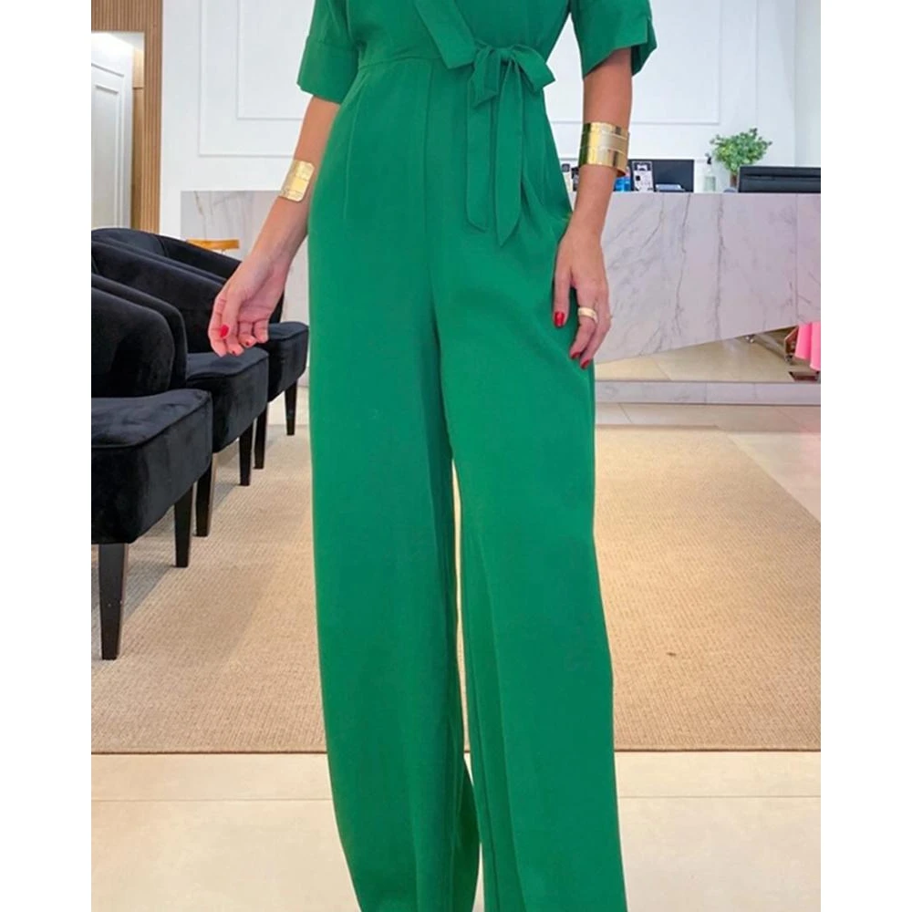 Women New Summer Fashion Office Casual Solid Half Sleeve V neck Wide Leg Jumpsuit Autumn Femme Elegant Workwear Jumpsuit Outfits